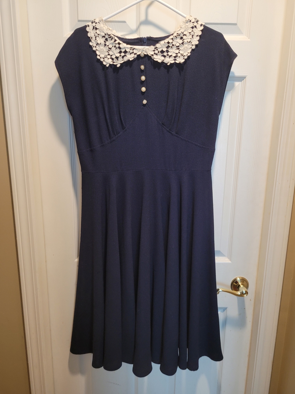 Hell Bunny Navy Midi Dress with Cream Lace Peter Pan Collar and Pearl Buttons